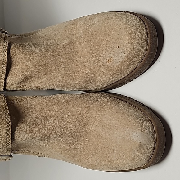 UGG Seline Boots Knee High Tall Wedge Suede Sheepskin Shearling Sand Boho 9 - Picture 11 of 16